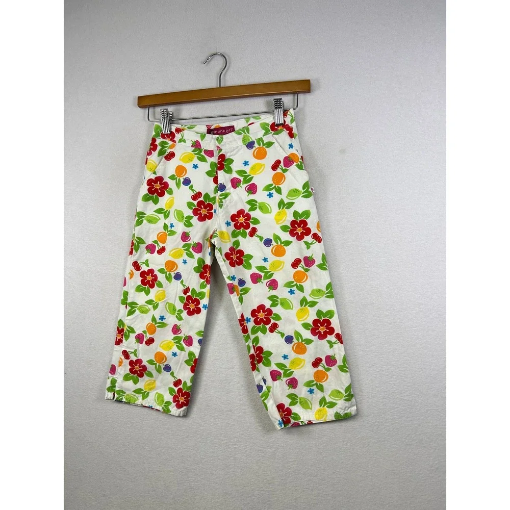 Vintage Genuine Girl Kid Fruit Flower Print Pant White Casual Cropped Leg Size 8